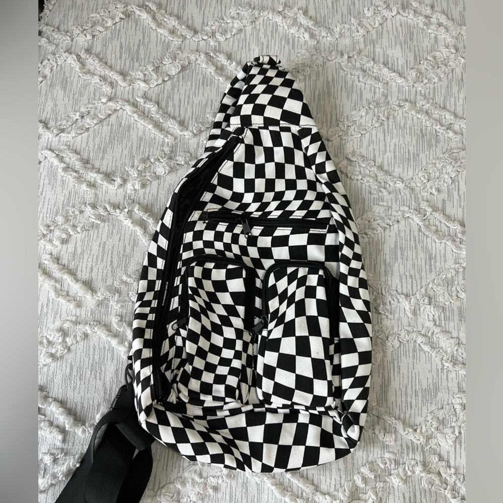 Black White Checkered Sling Backpack Crossbody Shoulder  Unisex Travel Hiking